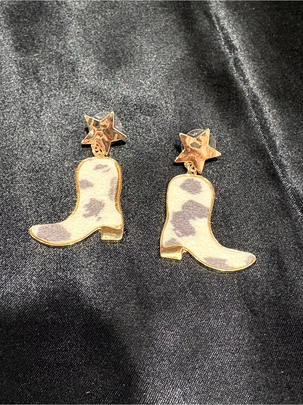 Gold Star & Cowprint Cowboy Boot Earrings